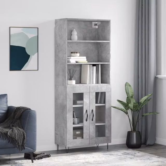 Berkfield Home Highboard in Concrete Grey with Glass Doors, W/D/H: 69.5 x 34 x 180 cm – 1