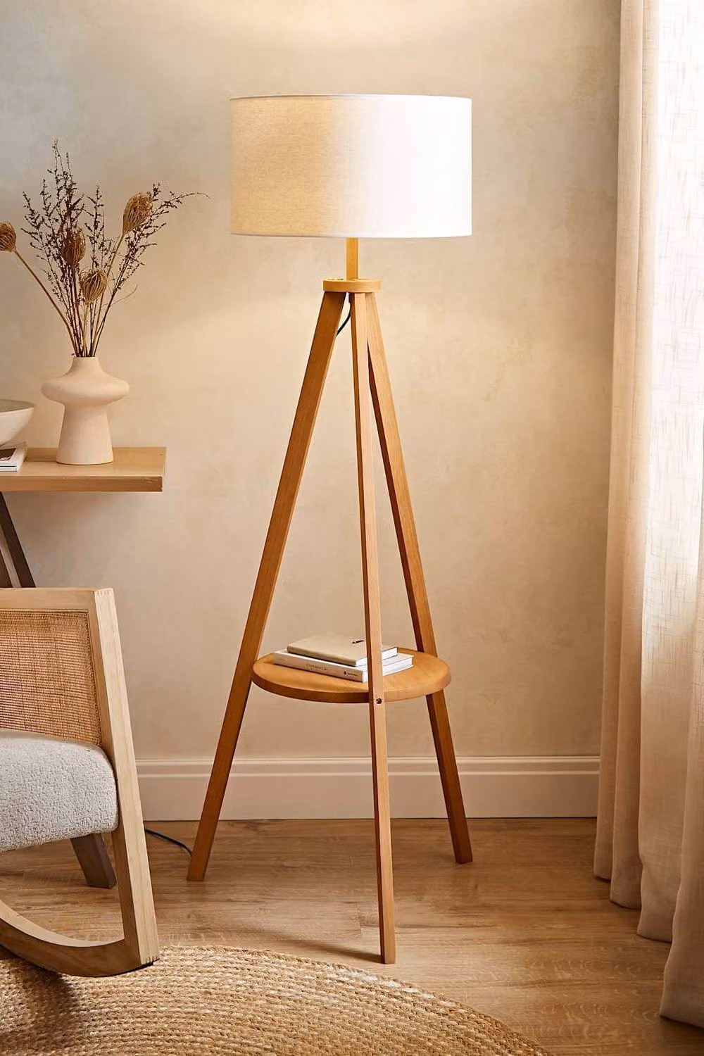 ValueLights Morrigan Wood Tripod Floor Lamp with Fabric Cylinder Shade and Bulb – 2