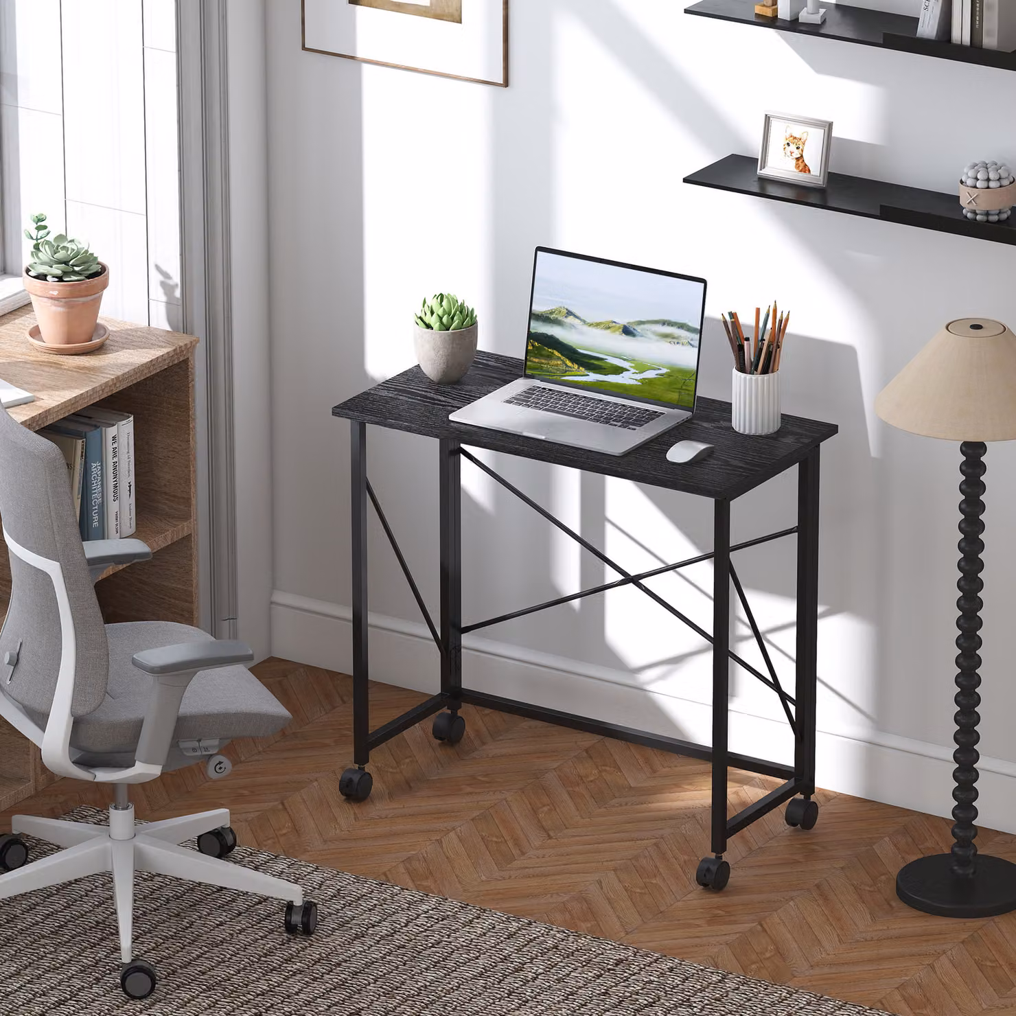 HOMCOM Black Folding Computer Desk with Castors and MDF Top – 2