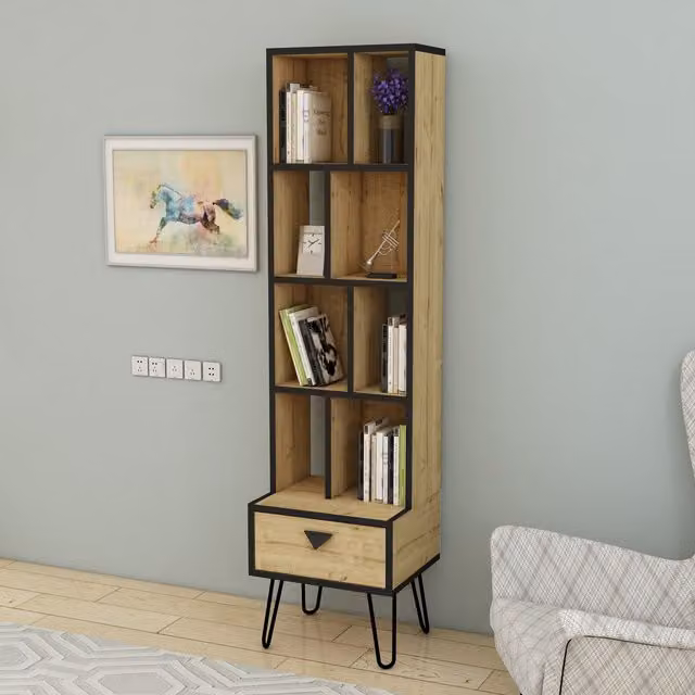 Destina Home Emily Manufactured Wood Bookcase with Drawer in Sapphire Oak and Black Band