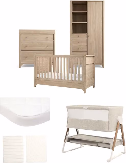 Mamas & Papas Barton Nursery Bundle with Lua Bedside Crib, 6 Piece, Natural/Oak