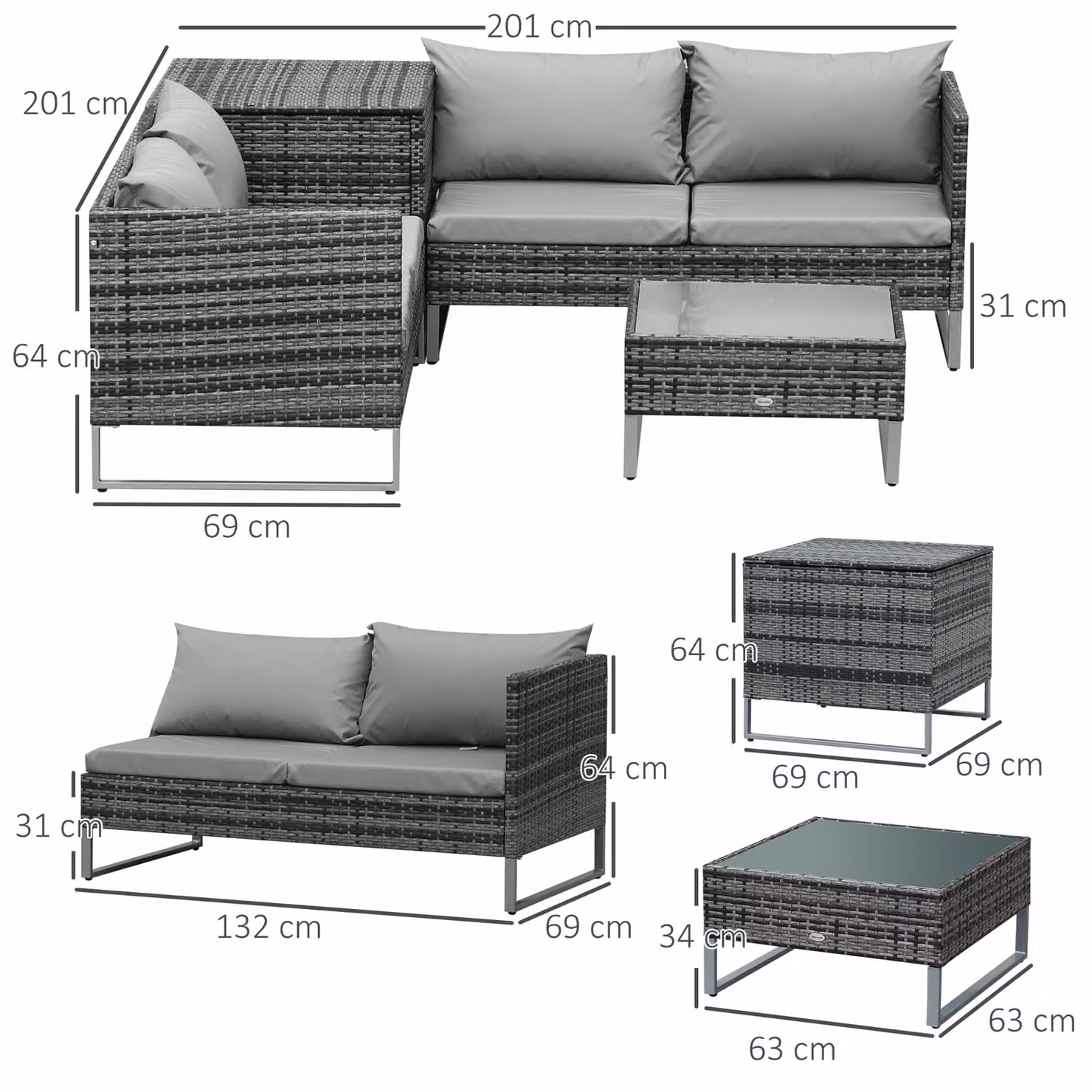 Outsunny 4-Piece All Weather Rattan Wicker L-Shape Outdoor Corner Sofa Set with Cushions and Side Storage in Mixed Grey – 2
