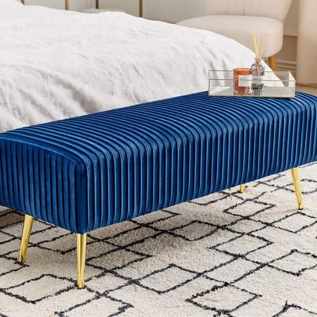 Wyld and Coco Blue Velvet Bench with Gold Metal Legs W: 118 cm, D: 40 cm, H: 40 cm – 1