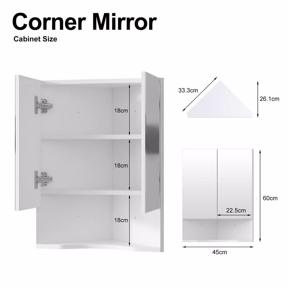 KEEPREAPER Corner Bathroom Mirror Cabinet in White with 2 Hinged Doors and Internal Shelves, W: 47 cm, H: 60 cm – 2