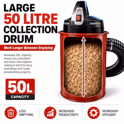 Lumberjack 1100W Woodworking Dust Collector with 50L Drum in Red, W: 100 cm, D: 40 cm, H: 40 cm – 8