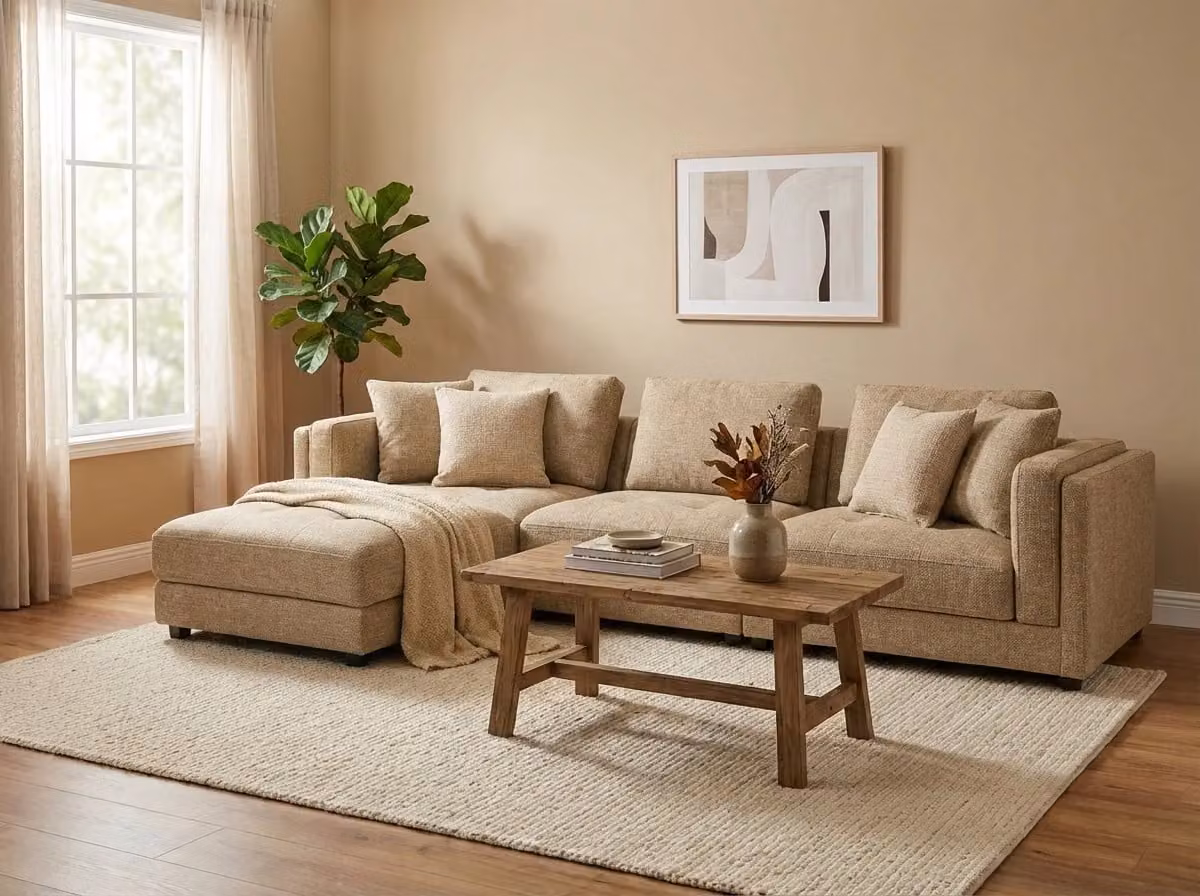 Araco Atelier Ollie 3 Seater Sofa in Beige Bouclé Fabric with Rattan Frame