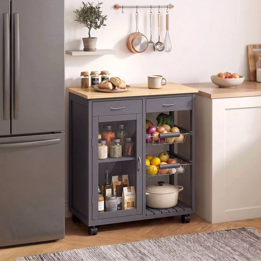KORVIXA Modern Rolling Kitchen Trolley with Glass Door in Matt Grey, W/D/H: 100 x 100 x 100 cm – 4