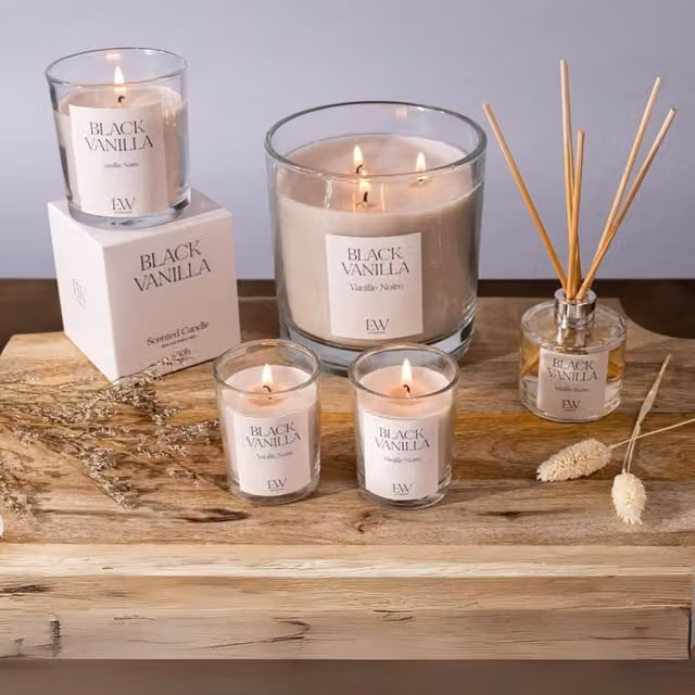 Marco Paul Black Vanilla Scented Candle Set and Reed Diffuser in Beige, White and Black