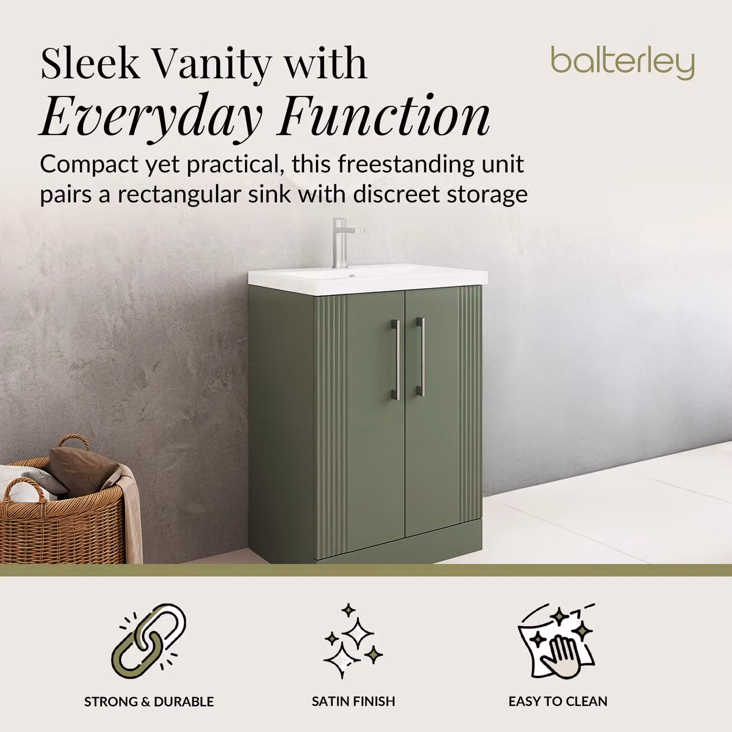 Balterley 2 Door Floor Standing Bathroom Vanity Unit with Thin-Edge Basin, Satin Green, W/D/H: 60 x 60 x 86 cm – 2