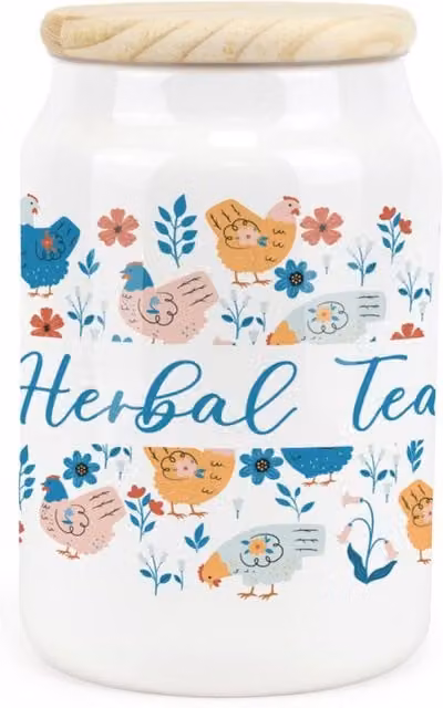 Purely Home Botanical Chickens Ceramic Herbal Tea Storage Canister in Blue and White Floral