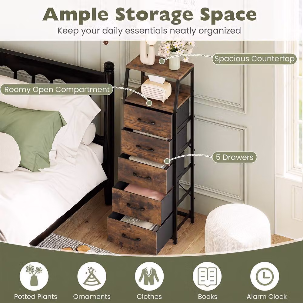 Gymax 5-Drawer Vertical Storage Cabinet and Dresser with Foldable Drawers in Brown – 6