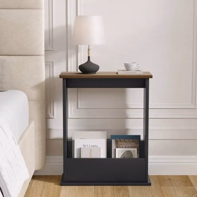 Havendro Walnut and Black Slim Side Table with Storage, W/D/H: 45 x 18 x 55 cm – 1