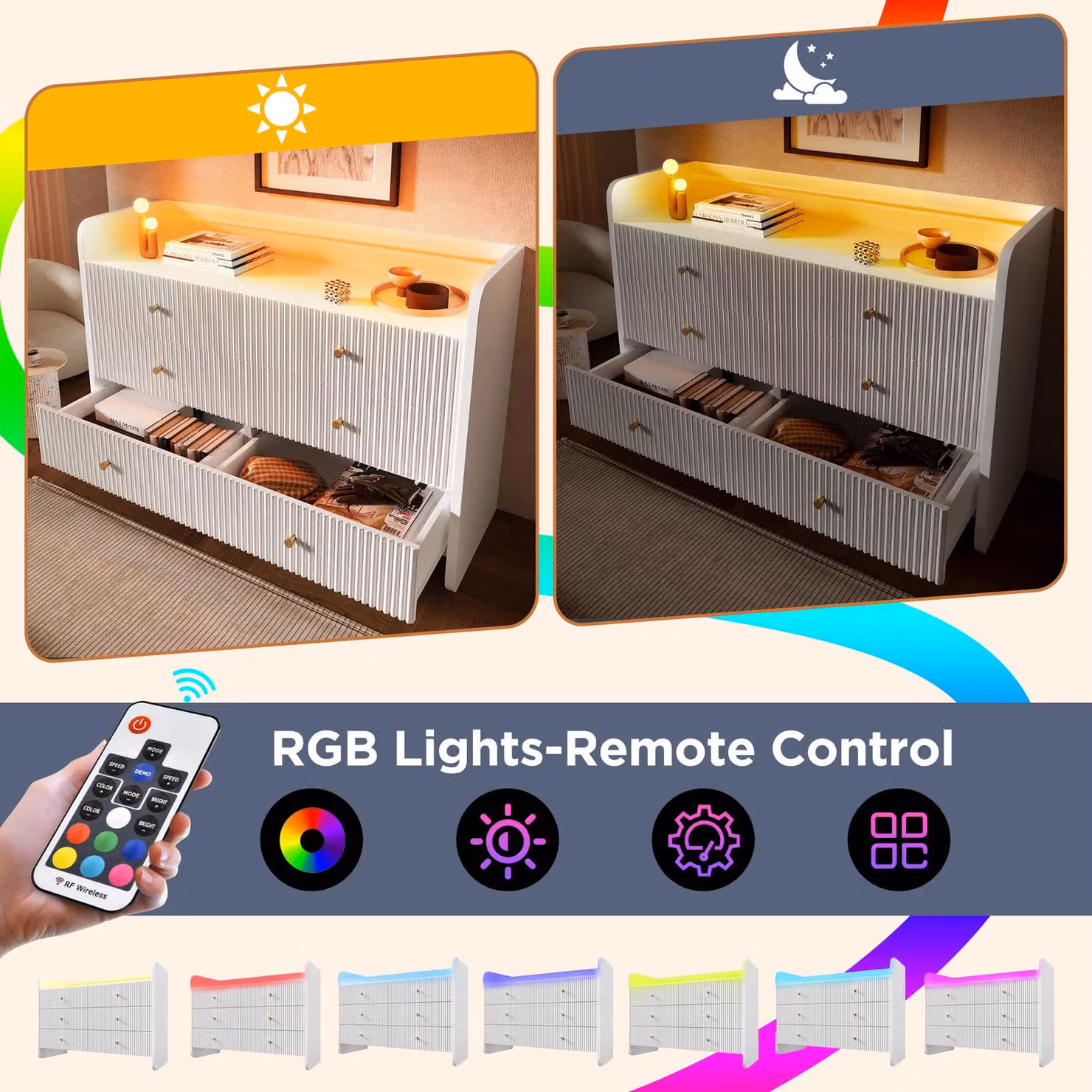 Aosom 6-Drawer Fluted Sideboard with RGB LED Lighting in White, W: 120 cm, D: 40 cm, H: 75 cm – 3