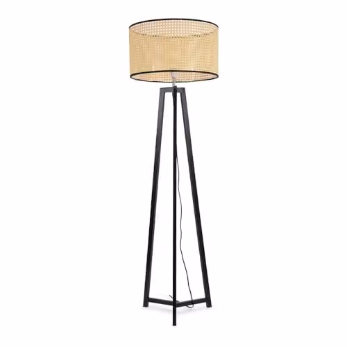 ValueLights Black Wood Tripod Floor Lamp with Beige Rattan Drum Lampshade and Included LED Bulb – 1