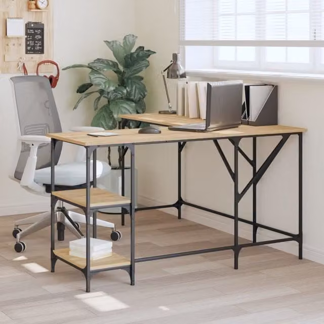 Berkfield Sonoma Oak Corner Home Desk in Brown, W/D/H: 139 x 139 x 75 cm – 1