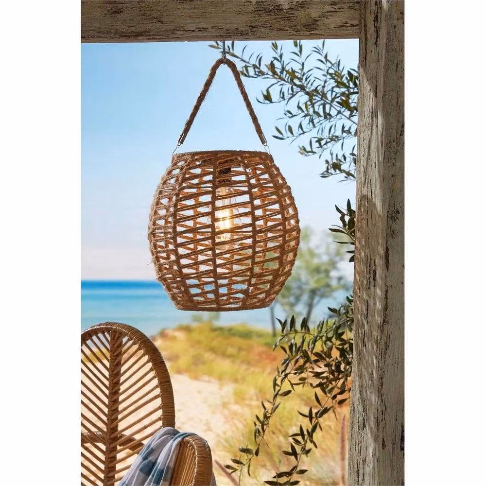 NESTLUNE Solar LED Table Lamp with Brown Rattan Rope Design for Garden, Balcony and Terrace – 6