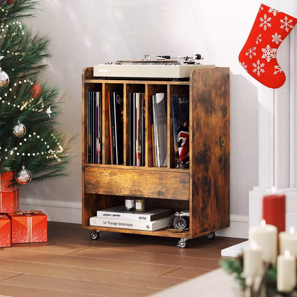 Gymax Brown Rolling Vinyl Display Cabinet and Record Player Turntable Stand with Wheels – 3