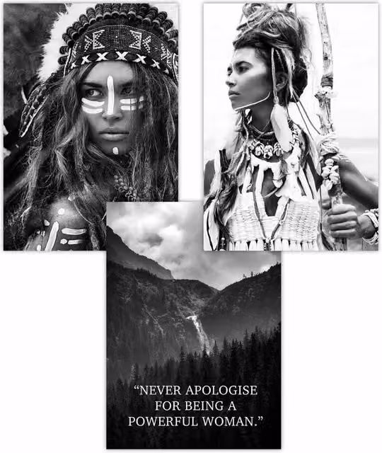 ARTZE Set of 3 Warrior Women Typography Photo Art Posters in Black, W: 30 cm, H: 42 cm
