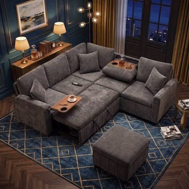 FENCHILIN Grey Fabric Pull-out Sofa Bed with Hidden Table, Reading Lamp and Cup Holders