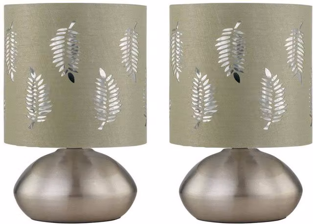 First Choice Lighting Jenson Set of 2 Brushed Chrome Touch Table Lamps with Green Fabric Shades