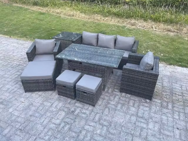 Fimous 8 Seater Rattan Garden Furniture Set with Dining Table and Lounge Sofa in Dark Grey
