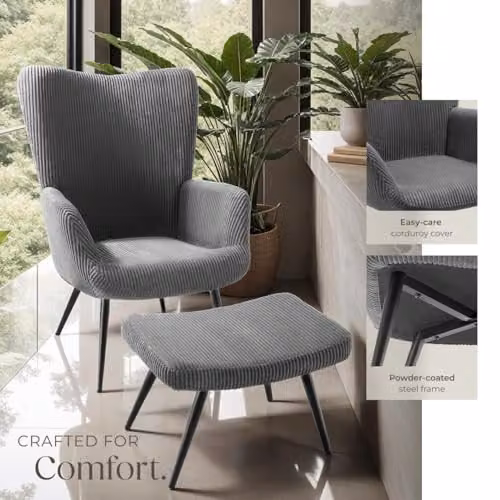 tectake Scandinavian Style Armchair with Footstool in Anthracite and Black Corduroy Fabric, W/D/H: 76.0 x 72.0 x 100.5 cm – 8