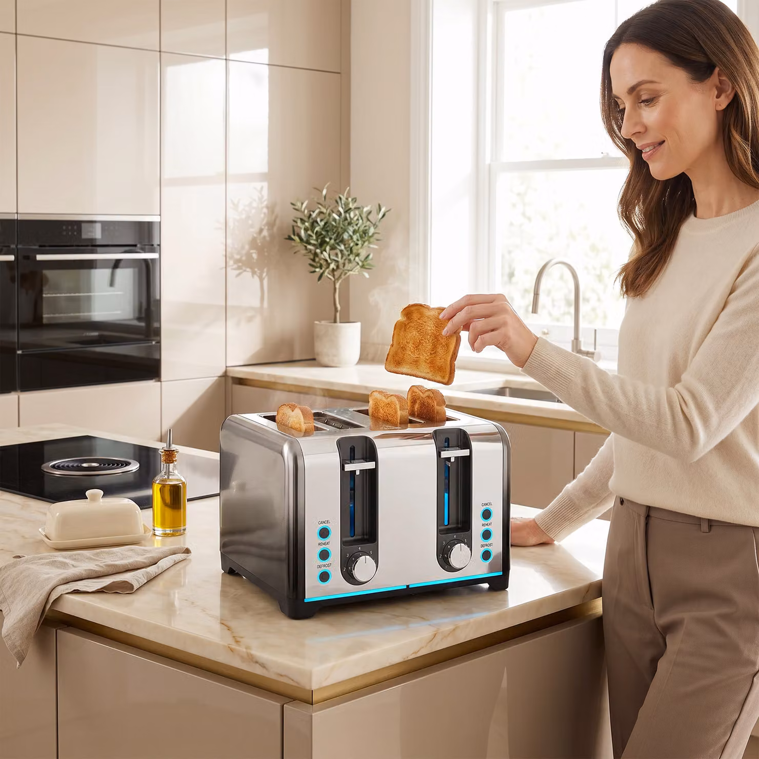 HOMCOM 4 Slice Stainless Steel Toaster in Silver with 7 Browning Levels, Reheat, Defrost and Cancel Functions – 7