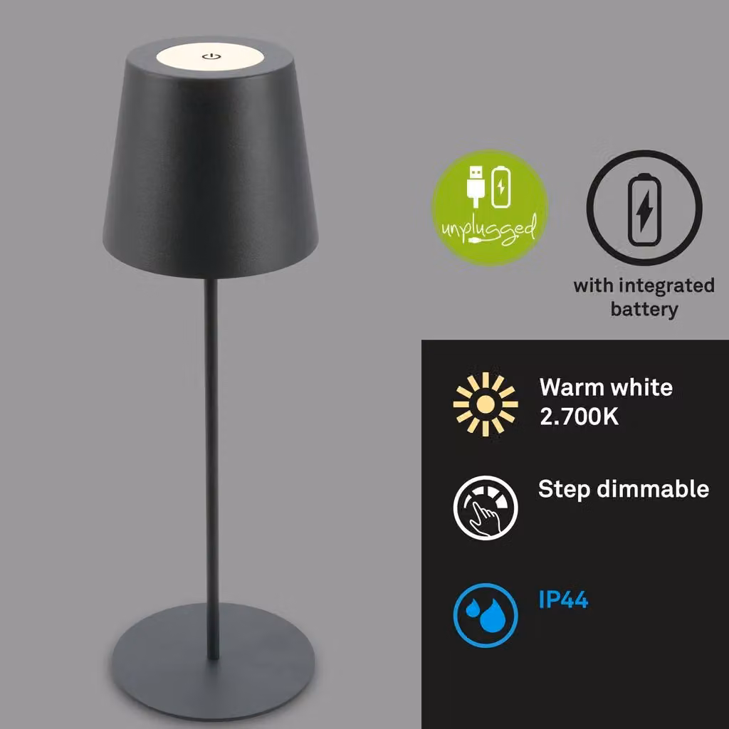 BRILONER Rechargeable LED Table Lamp, Dimmable Touch Control, IP44 Waterproof, Warm White Light, Cordless Metal Lamp for Living Room and Bedroom, H 36 cm x W 10.5 cm, Anthracite/Black – 3