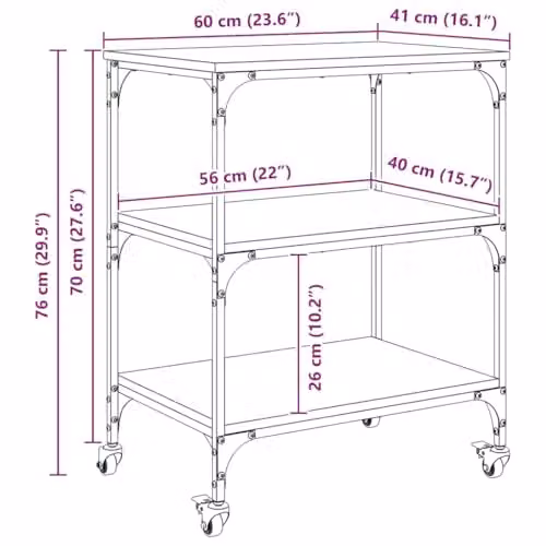 vidaXL Industrial Kitchen Trolley in Brown with Castors, W/D/H: 60 x 41 x 76 cm – 3