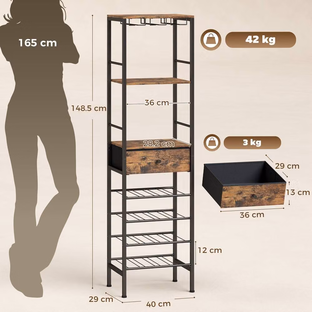 HOMCOM Industrial Wine Bar Cabinet in Rustic Brown with 16-Bottle Rack and Glass Holder – 3