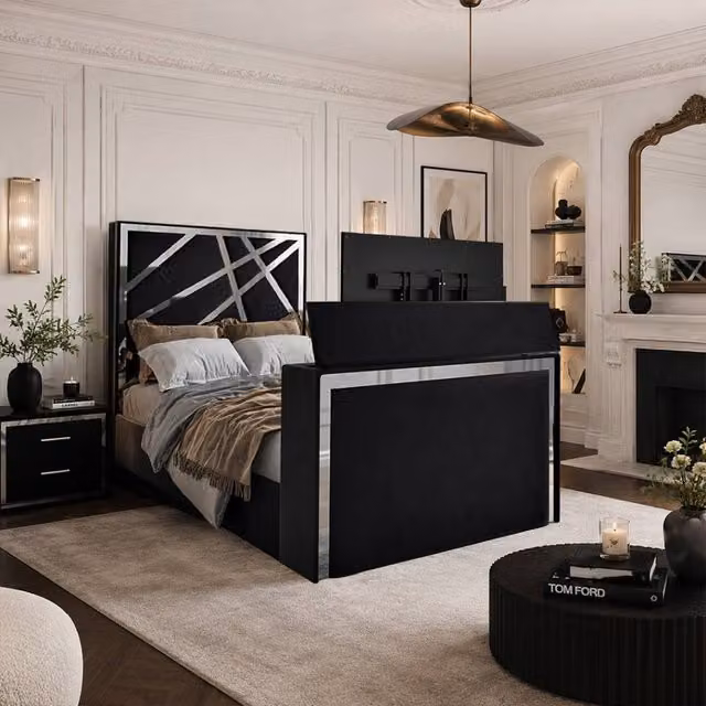KDMD Ashton Double Upholstered Soft Velvet TV Bed Frame in Black with Lift Up Base