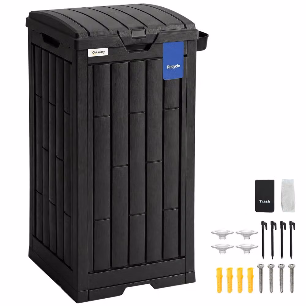 OUTSUNNY 110 L Outdoor Bin with Dual Flip Lid, Side Holder and Drip Tray, Black – 2
