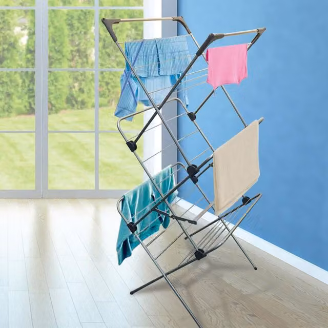 Vileda Sprint 3 Tier Foldable Indoor Clothes Drying Rack with Hooks, 15m, Silver
