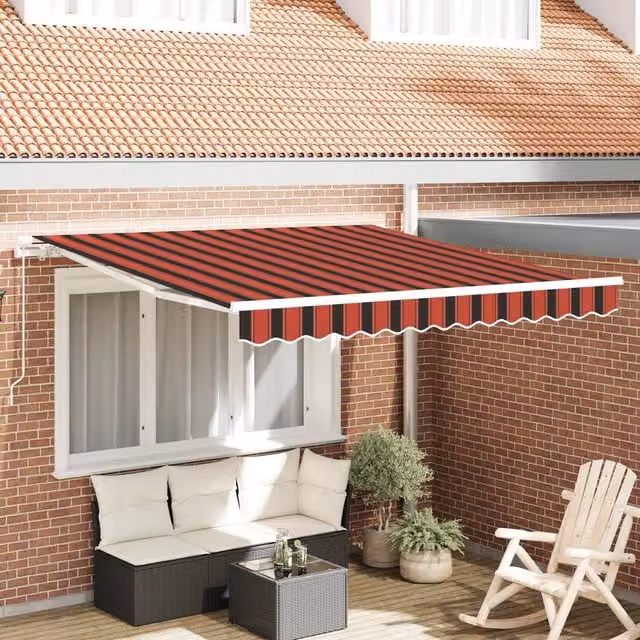 Berkfield Home Manual Retractable Folding Arm Awning in Orange, Brown and Red Striped Polyester, W: 300 cm, D: 250 cm