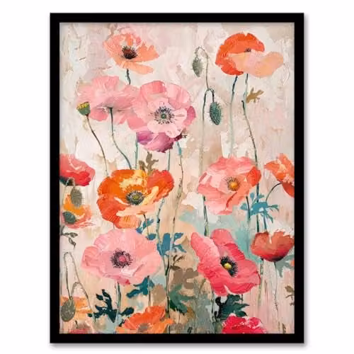 Artery8 Poppy Flowers Floral Oil Painting Print in Orange, Pink and Red, Framed A4 Wall Art – 1