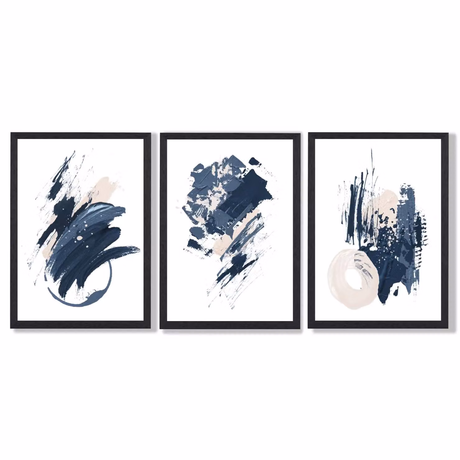 ARTZE Set of 3 Blue Abstract Minimalist Wall Art Prints with Black Frames, Size: 29.7 x 42.0 cm – 2