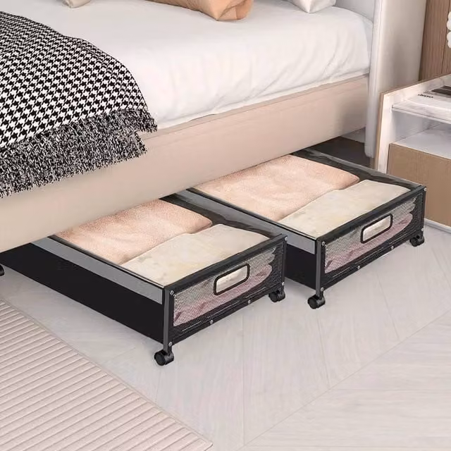 Kelvenix 2-Piece Black Mesh Under Bed Clothes Storage Organisers with Wheels