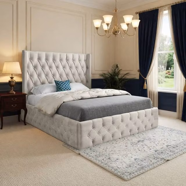 Casani Swinton Upholstered Velvet Designer Bed Frame in Beige, Size: 180 x 200 cm