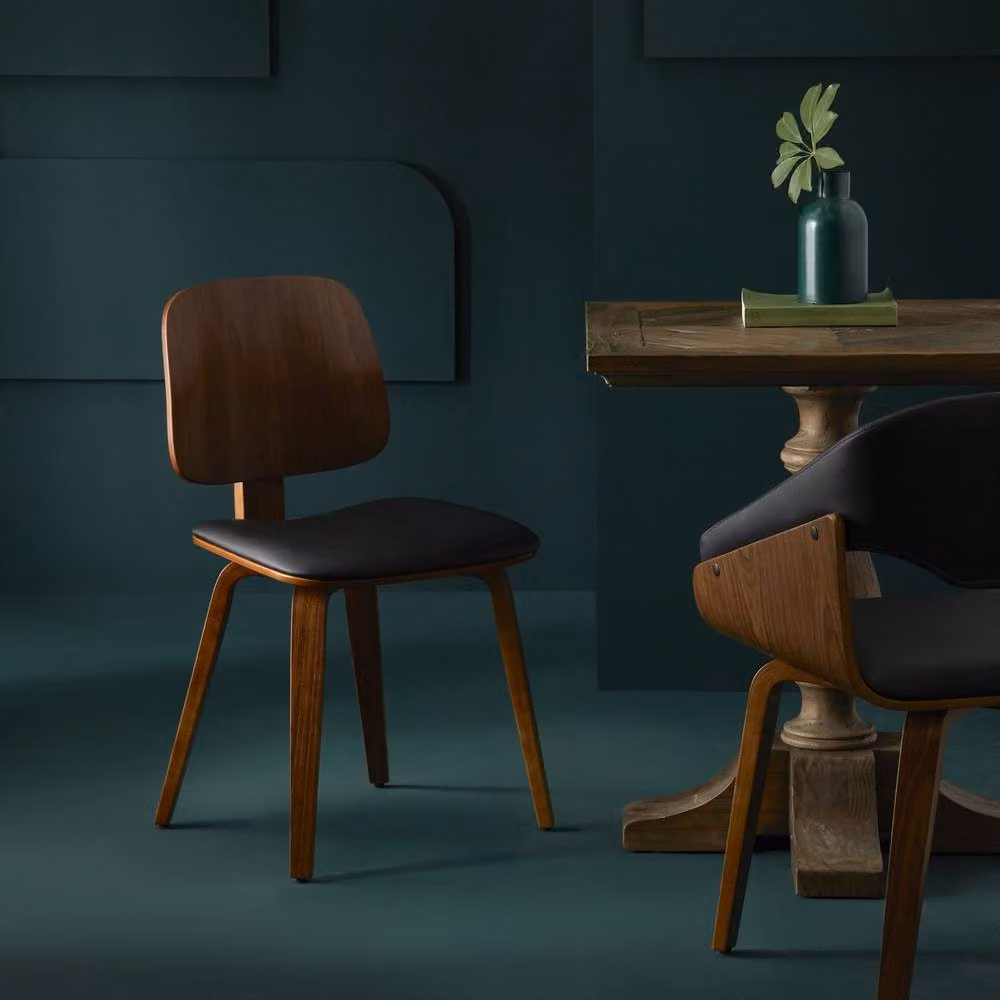 Signature Set of 6 Mid-Century Black Synthetic Leather and Walnut Wood Chairs – 3