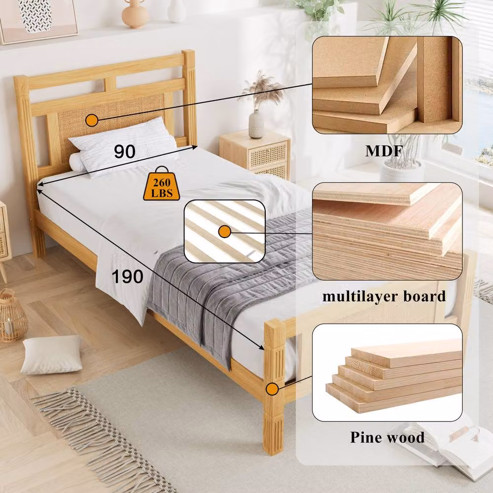 Merax Single Wooden Bed Frame with Rattan Effect Headboard in Natural, W/D/H: 90 x 190 cm – 4