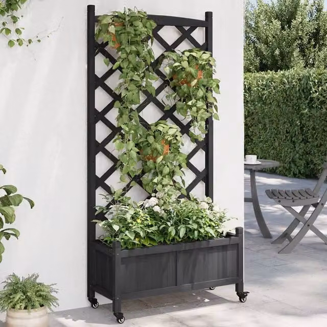 Berkfield Home Black Solid Wood Planter with Trellis and Wheels