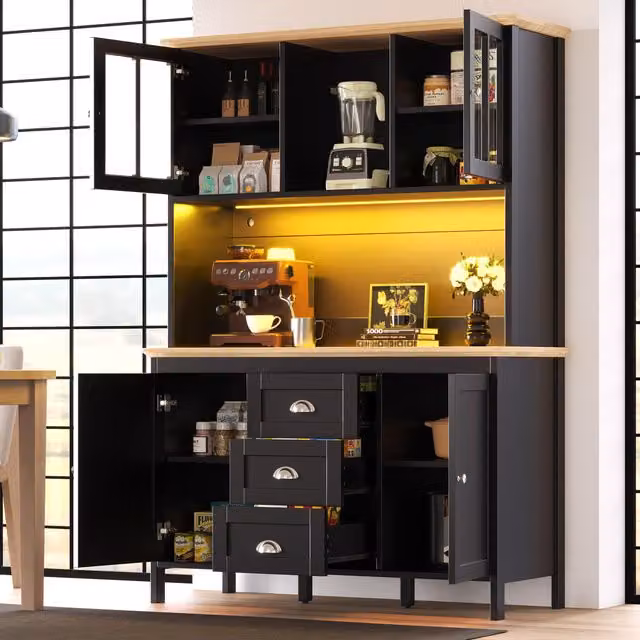 Aosom UK Tall Sideboard with 4 Doors, 3 Drawers and Open Shelf, Modern Black Storage Cabinet for Kitchen and Living Area, W: 120 cm, D: 40 cm, H: 179 cm