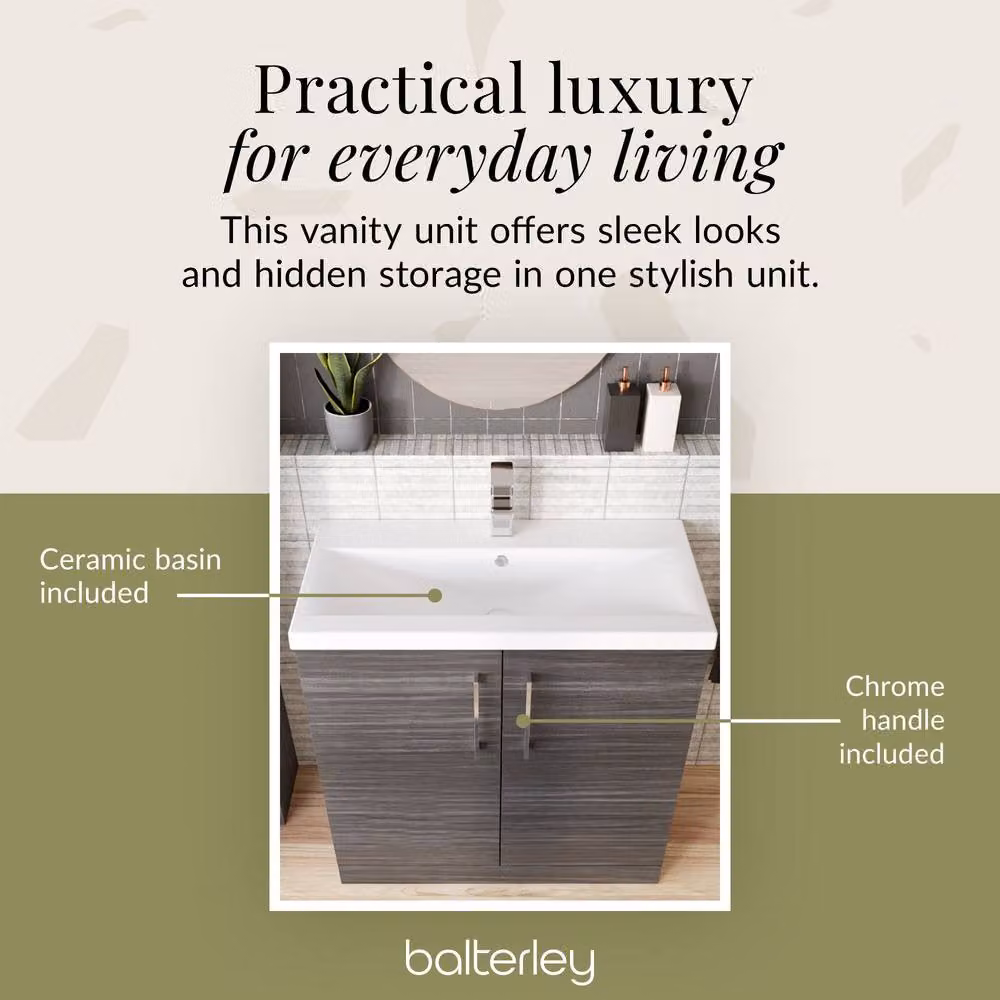 Balterley Contemporary Floor Standing Bathroom Vanity Unit with Mid-Edge Ceramic Basin, Anthracite Woodgrain Grey, W/D/H: 800 x 39 x 84 cm – 3
