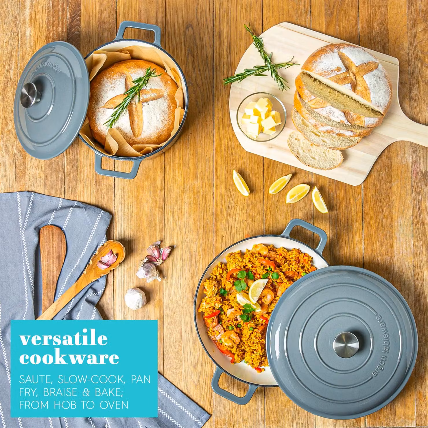 Argon Tableware Set of 2 Grey Oval Cast Iron Casserole Dishes with Self Basting Lids, 4.68L – 4