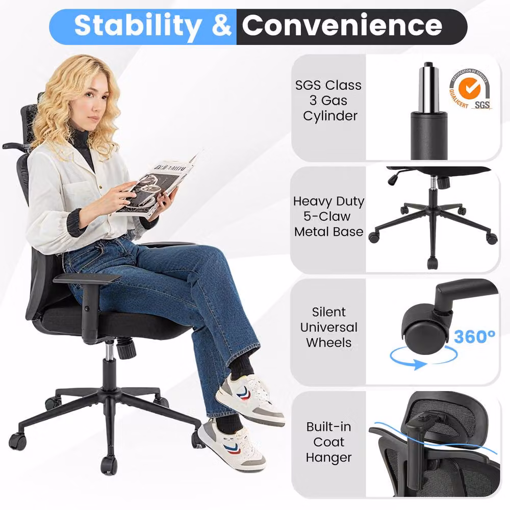 Costway Ergonomic Office Chair in Black with Adjustable Lumbar Support, Armrests and Headrest – 7