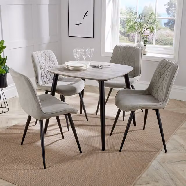 Core Products Ltd Aspen Dining Set with Grey Oak Effect Square Table and 4 Black Diamond Stitch Chairs