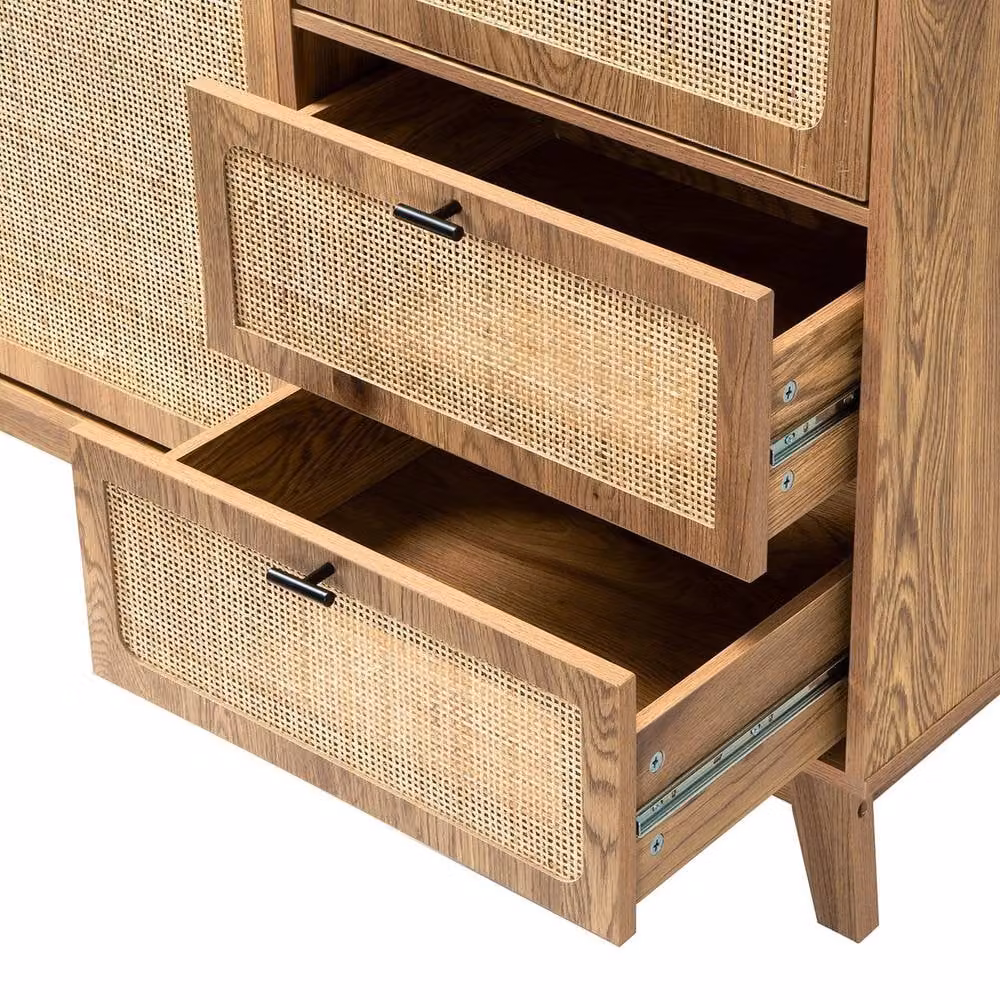 CALICOSY Tall Sideboard with 2 Doors, 2 Drawers and Rattan Fronts in Light Brown, H: 120 cm – 3