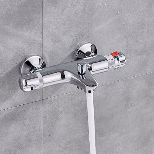 Nes Home Modern Wall Mounted Thermostatic Bath Shower Mixer Tap in Metallic Silver