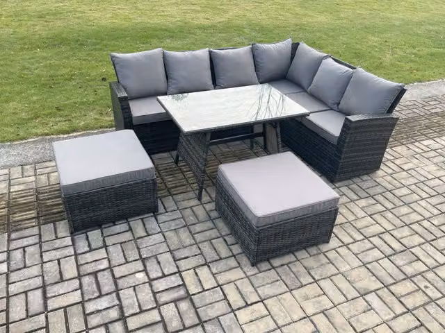 Fimous Outdoor Garden Dining Set with Rattan Corner Sofa, Rectangular Tempered Glass Table and 2 Footstools in Dark Grey