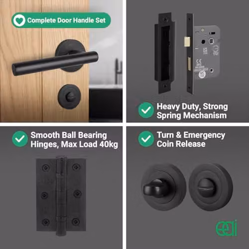 EAI Olbia Matt Black Bathroom Handle Kit with 80mm Lock and 76mm Hinges – 4